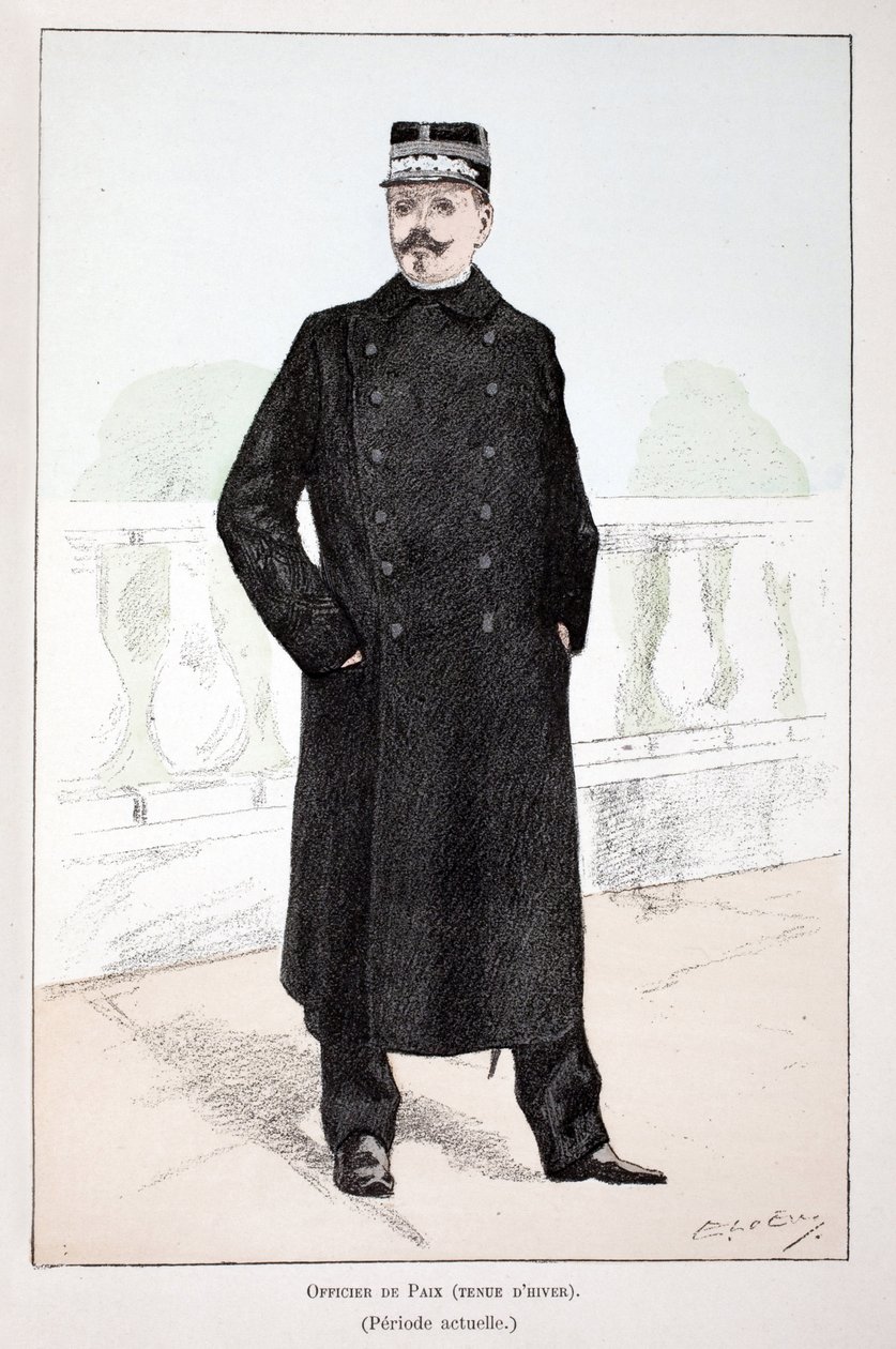 शांति अधिकारी, शीतकालीन पोशाक (लेपिन काल)। अल्फ्रेड रे (1864-?) और लू द्वारा लुई लेपिन (1846-1933) प्रीफेक्ट ऑफ द सीन ऑफ द सीन के तत्वावधान में प्रकाशित पुस्तक "हिस्ट्री ऑफ द कॉर्प्स ऑफ पीसकीपर्स" के चित्रण के लिए रंगों में नक़्क़ाशी द्वारा अज्ञात कलाकार