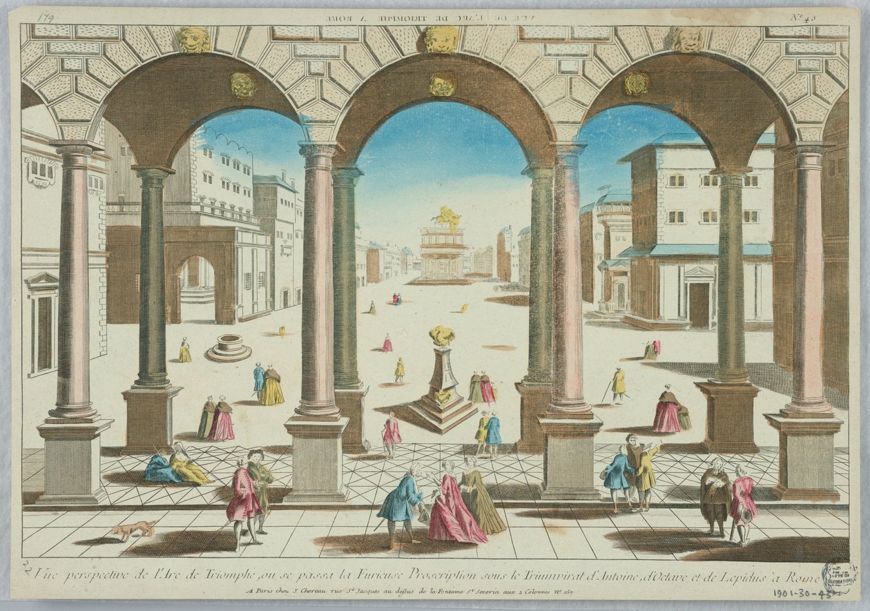 पीप-शो, आर्क डी ट्रायम्फ का परिप्रेक्ष्य दृश्य, जहां रोम में एंटनी, ऑक्टेवियन और लेपिडस की विजय के तहत उग्र निषेध हुआ, संख्या 45 द्वारा अज्ञात कलाकार