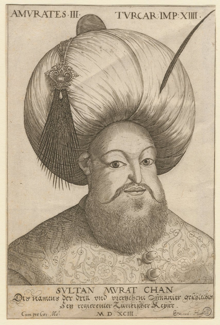 पोर्ट्रेट डी मौराद III (1546-1595), सुल्तान ओटोमन - मुराद III (1546-1595), तुर्क साम्राज्य के सुल्तान - बेनामी - 1593 - नक़्क़ाशी - 18,5x12,3 - निजी संग्रह द्वारा अज्ञात कलाकार