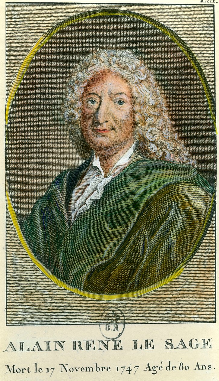 एलेन रेने लेसेज (एलेन-रेने ले सेज) का पोर्ट्रेट (1668-1747) फ्रांसीसी लेखक। 18 वीं शताब्दी की नक्काशी। निजि संग्रह द्वारा अज्ञात कलाकार