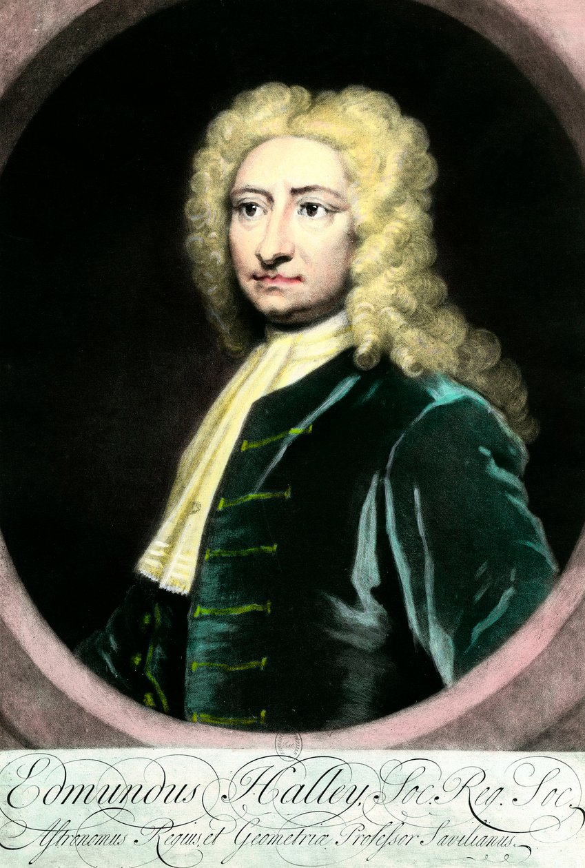 एडमंड (एडमंड) हैली (1656-1742), ब्रिटिश खगोलशास्त्री का पोर्ट्रेट"" 18वीं सदी के संग्रह पार्टिकुलियर का उत्कीर्णन द्वारा अज्ञात कलाकार
