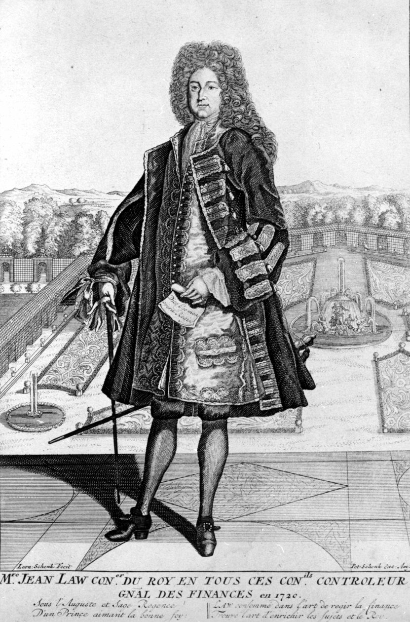 जॉन लॉ का पोर्ट्रेट (1671 - 1729) पैदल, स्कॉटिश फाइनेंशियल जिसने 1720 में दिवालियेपन का कारण बना (क्विनकैम्पोक्स स्ट्रीट की घटना) द्वारा अज्ञात कलाकार