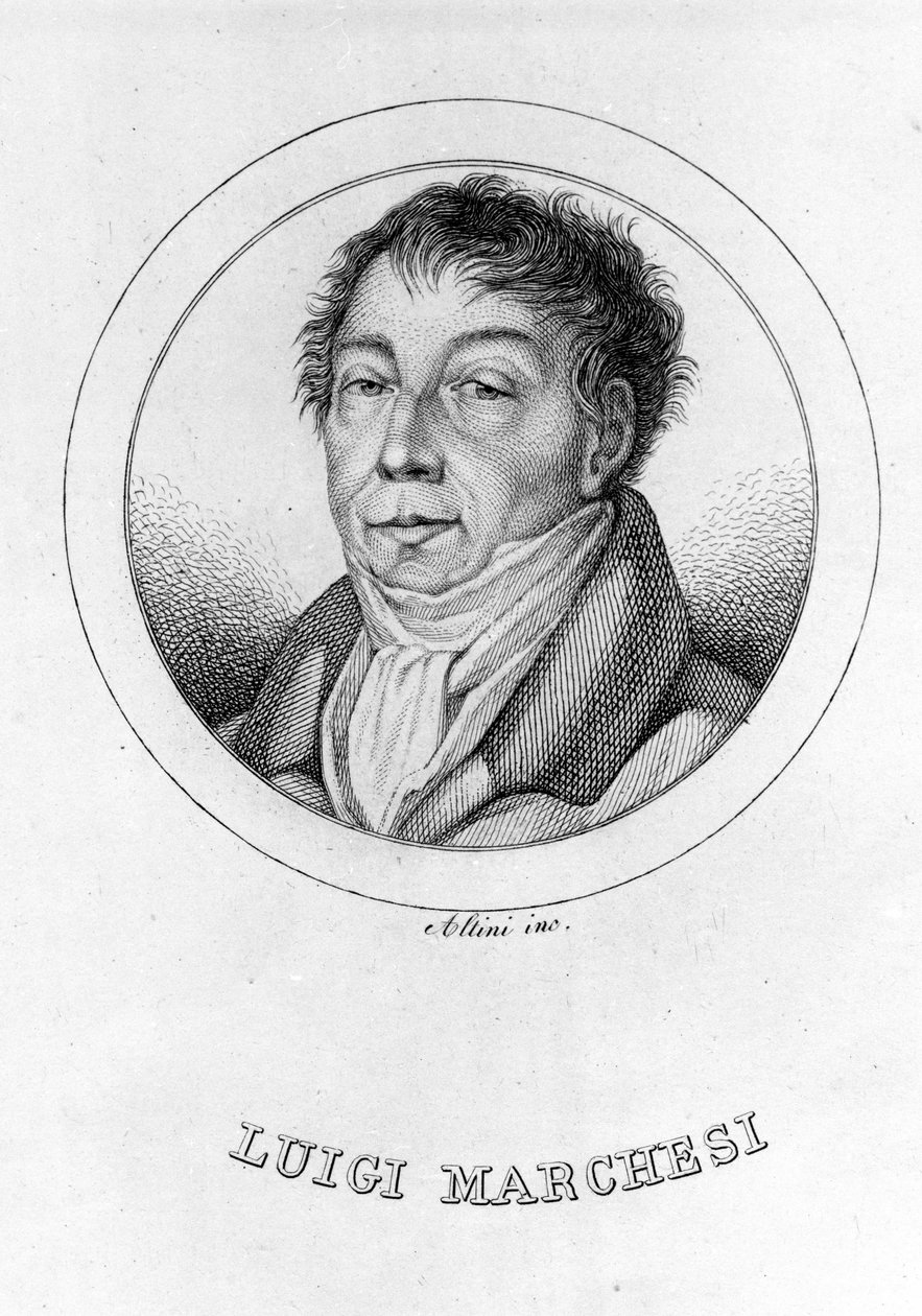 इटालियन कैस्ट्रेट लुइगी मार्चेसी (1754 - 1829) का पोर्ट्रेट जिसे मार्चेसिनी के नाम से भी जाना जाता है। 19वीं सदी की नक्काशी। द्वारा अज्ञात कलाकार