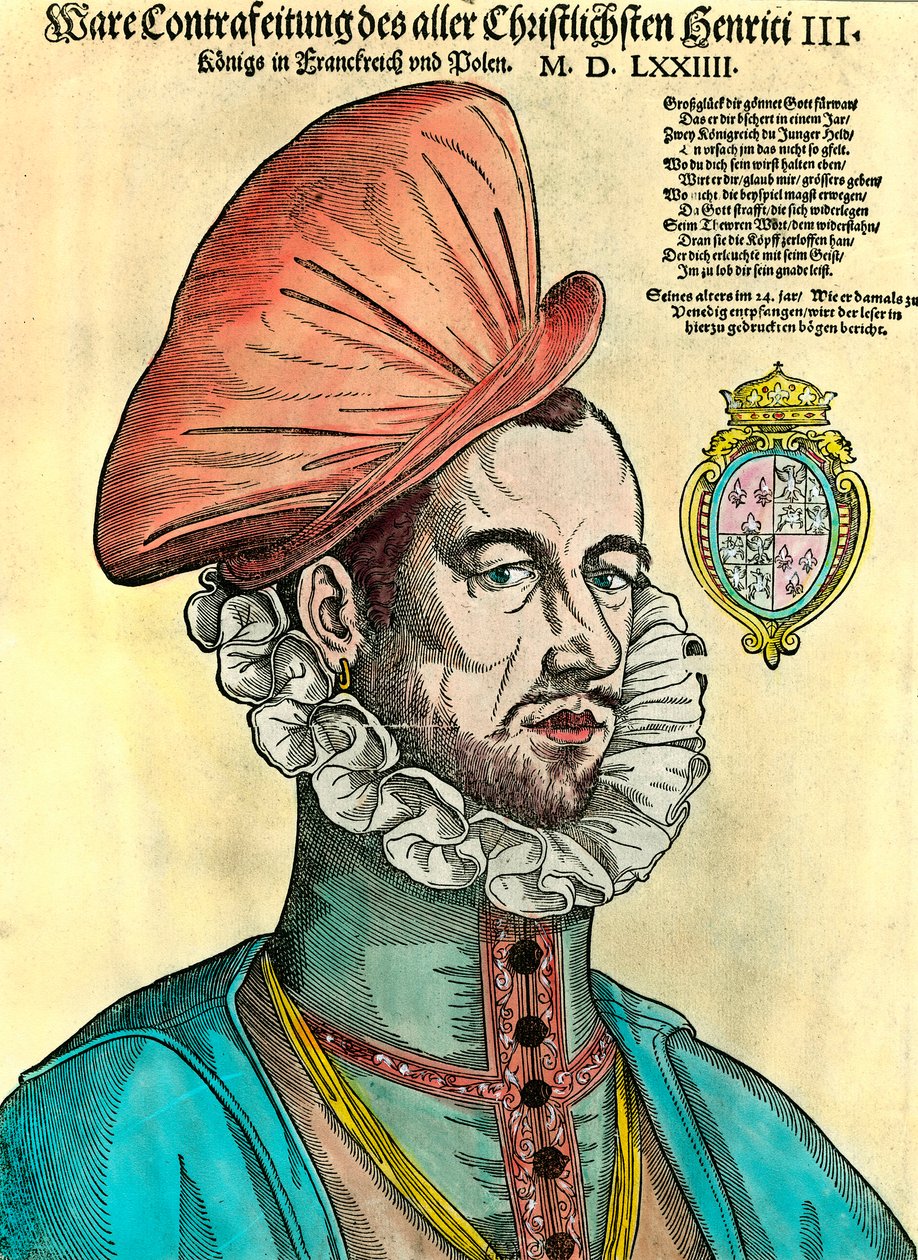 फ्रांस के राजा हेनरी III का पोर्ट्रेट (1551 - 1589)। 16 वीं शताब्दी की नक्काशी। द्वारा अज्ञात कलाकार