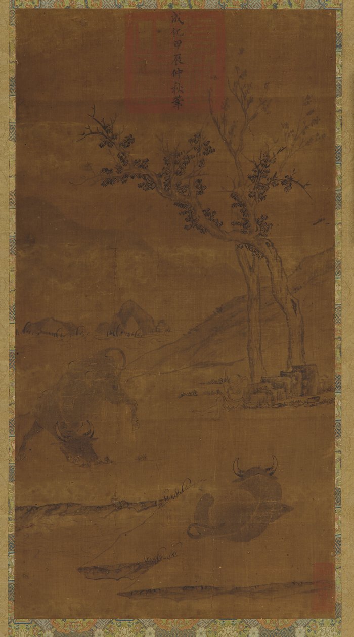 नदी परिदृश्य: दो जल भैंसें और एक झपकी लेने वाला झुंड-लड़का द्वारा अज्ञात कलाकार