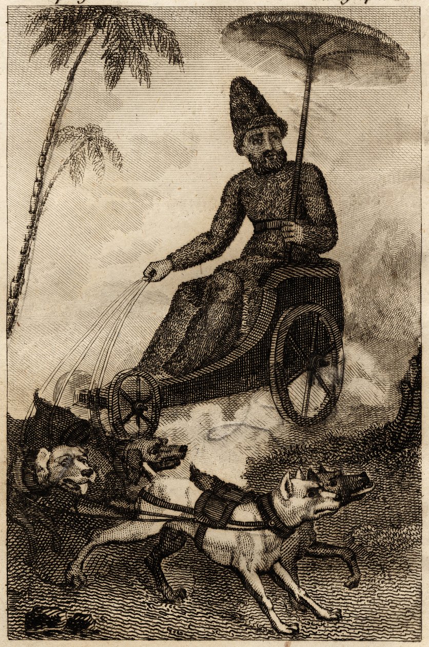 रॉबिन्सन Crusoe छह कुत्तों द्वारा अपने रथ प्रशिक्षु पर, "Les aventures de Robinson Crusoe" में डैनियल डेफो द्वारा उकेरा गया द्वारा अज्ञात कलाकार