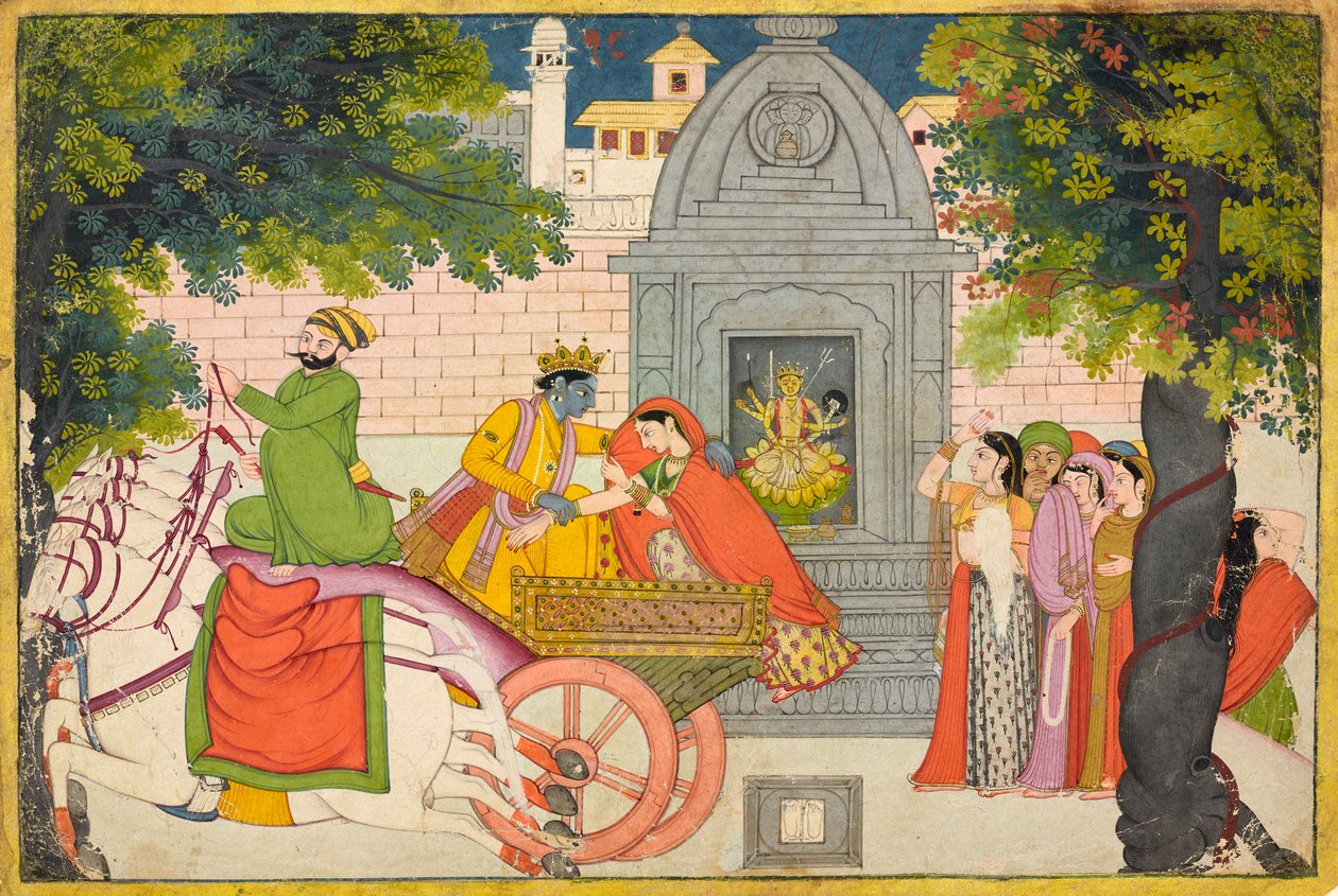 रुक्मिणी कृष्ण के साथ भाग गई, emभागवत पुराणem से फोलियो द्वारा अज्ञात कलाकार