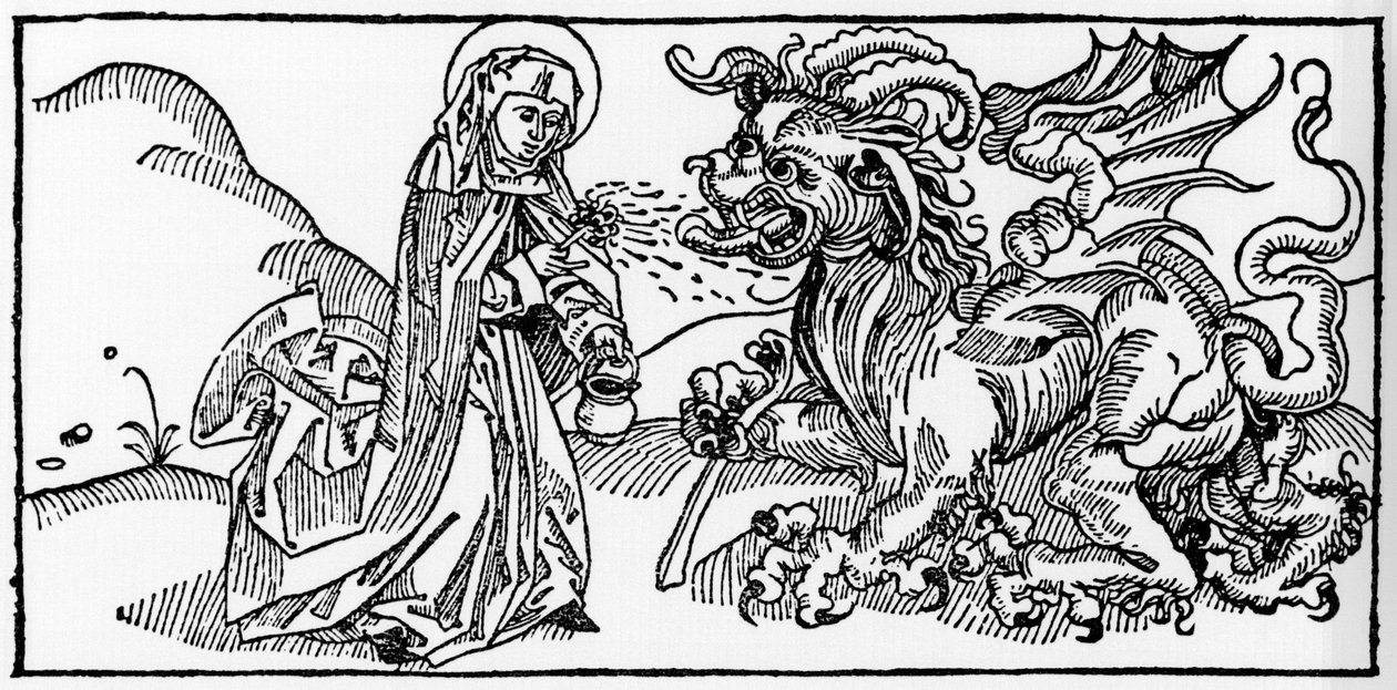 सेंट मार्था और तारस्क - वोरागिन (1228-1298) के जैकोबस (जेम्स) द्वारा "लेबेन डेर हेइलिगेन - सोमेरटेइल" (संत की पुस्तक) से उत्कीर्णन। लुबेक 1488. द्वारा अज्ञात कलाकार