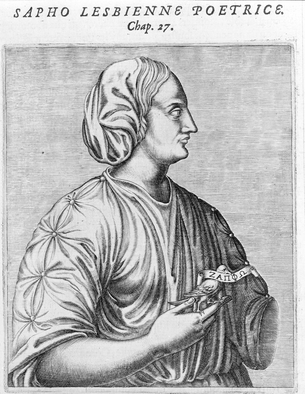 Sapho (Sappho) कवि और समलैंगिक। 18 वीं शताब्दी की नक्काशी। द्वारा अज्ञात कलाकार