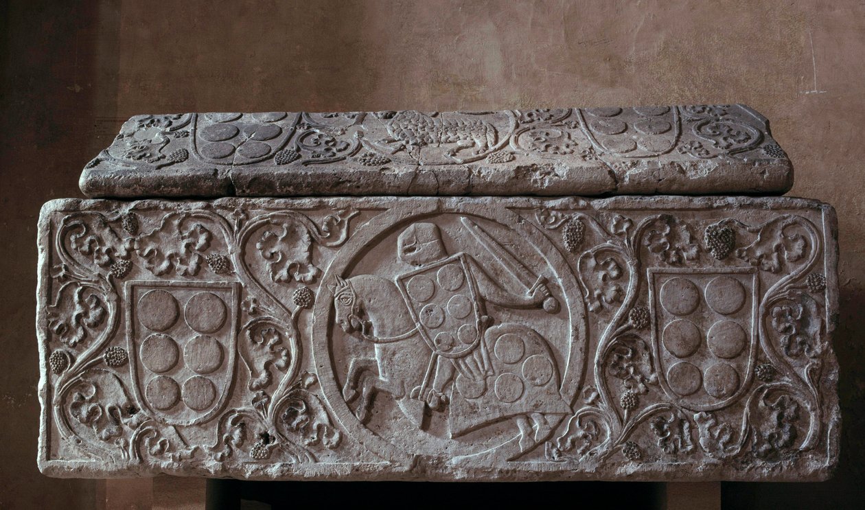 महल परिवार के शूरवीर का सरकोफैगस (शायद महल का ह्यूग) 1292। टूलूज़, चर्च ऑफ जैकोबिन्स द्वारा अज्ञात कलाकार