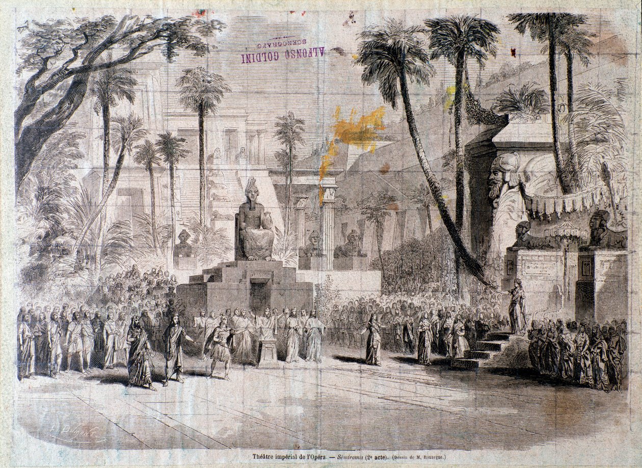 Gioacchino Rossini . द्वारा सेमिरामाइड, ओपेरा के दूसरे अभिनय के लिए स्टेज सेट द्वारा अज्ञात कलाकार