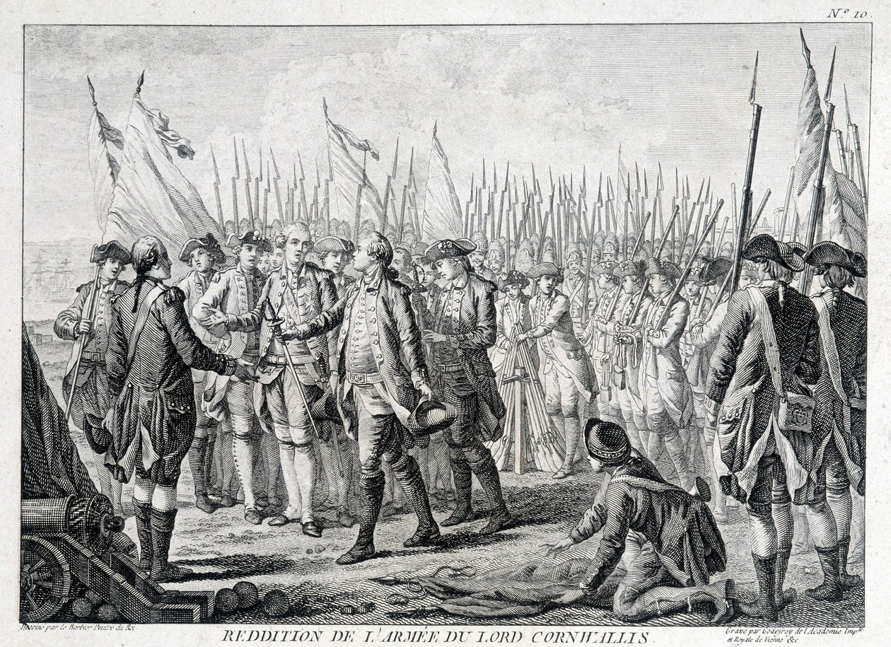 19 अक्टूबर 1781 को लॉर्ड कार्नवालिस (1738 - 1805) की ब्रिटिश सेना का अमेरिका को समर्पण। द्वारा अज्ञात कलाकार