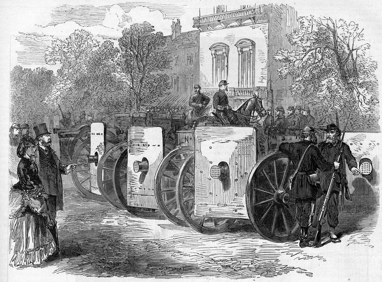 1871 में पेरिस का कम्यून। संघों (कम्युनर्ड्स) द्वारा इस्तेमाल की जाने वाली बख्तरबंद मशीनगन द्वारा अज्ञात कलाकार