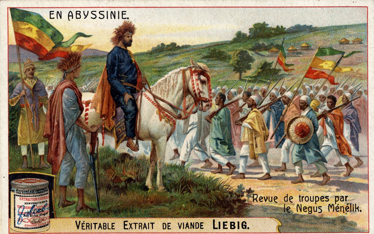 एबिसिनिया के सम्राट, "नेगस" मेनेलिक II (1844-1913) ने अपने सैनिकों की समीक्षा की। 19 वीं शताब्दी की क्रोमोलिथोग्राफी। द्वारा अज्ञात कलाकार