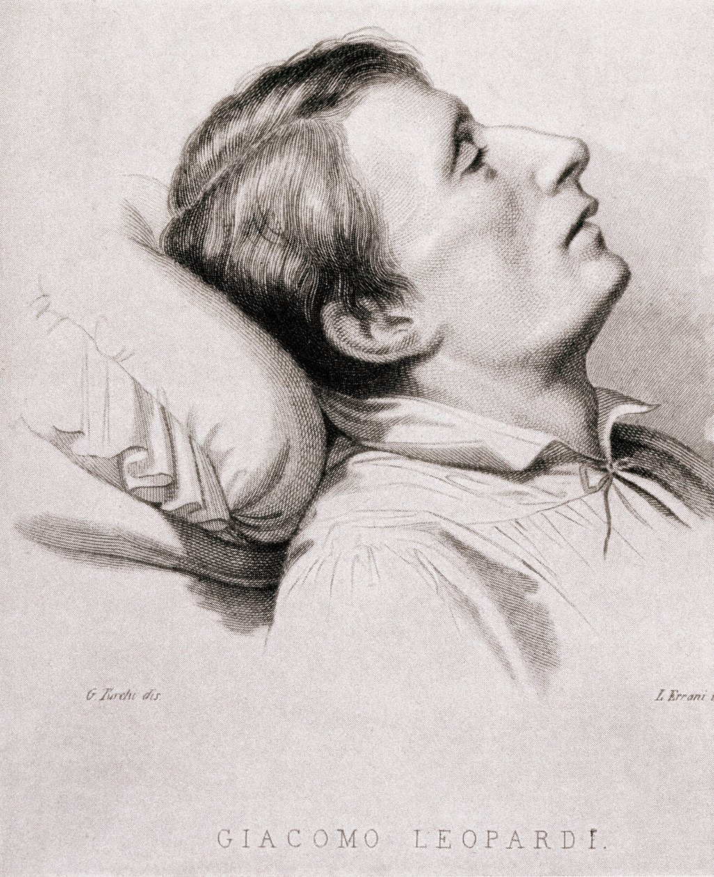 इतालवी कवि जियाकोमो लियोपार्डी (1798-1837) उनकी मृत्यु शय्या पर। 19वीं सदी की नक्काशी द्वारा अज्ञात कलाकार