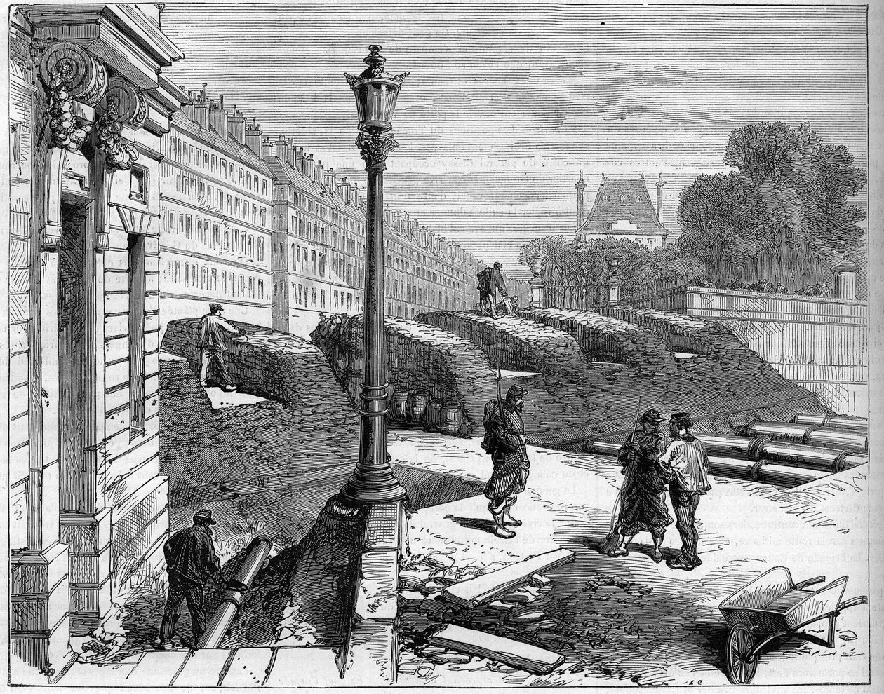 1871 में पेरिस कम्यून। रुए डे रिवोली और प्लेस डे ला कॉनकॉर्ड के कोने पर बैरिकेड डेस फेडरेस (कम्युनर्ड)। द्वारा अज्ञात कलाकार