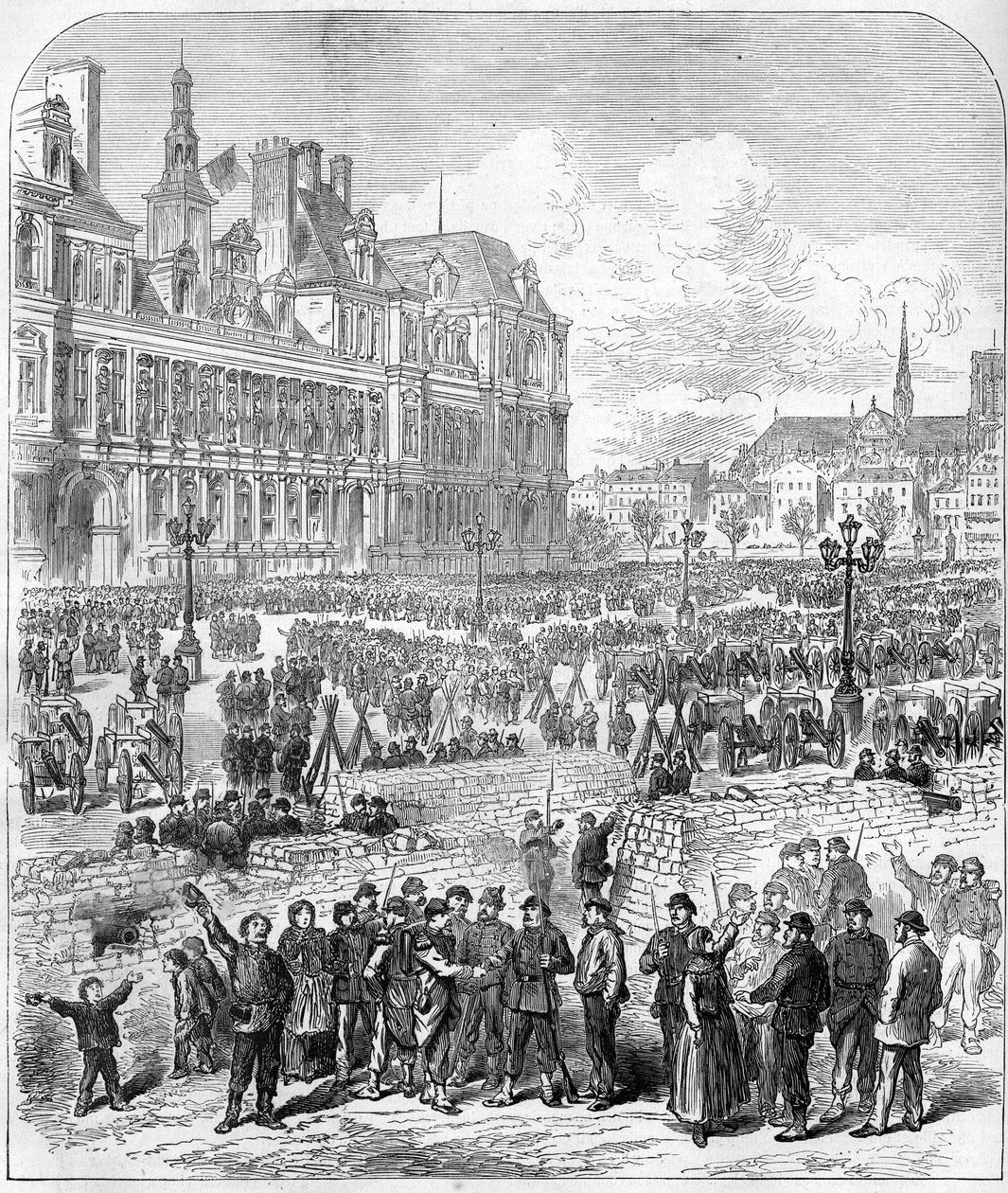 1871 में पेरिस कम्यून। फेडेरेस (कम्युनर्ड्स) के बैरिकेड्स और आर्टिलरी पार्क, प्लेस डी ल'होटल डी विले। द्वारा अज्ञात कलाकार