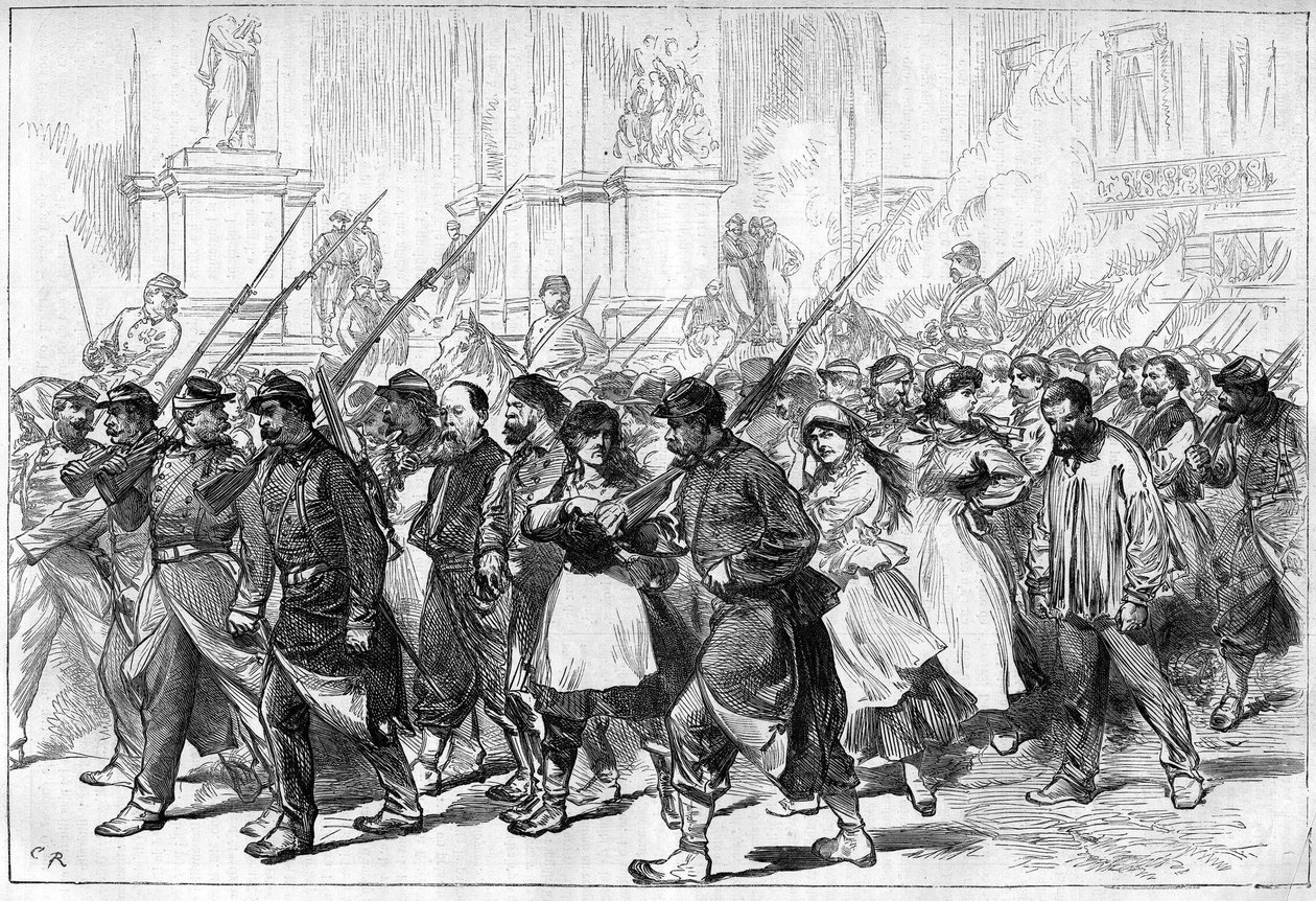 1871 में पेरिस कम्यून। फेडरेस (कम्युनर्ड्स) के काफिले ने प्लेस डी ल'ओपेरा से गुजरते हुए कैदी को पकड़ लिया। द्वारा अज्ञात कलाकार