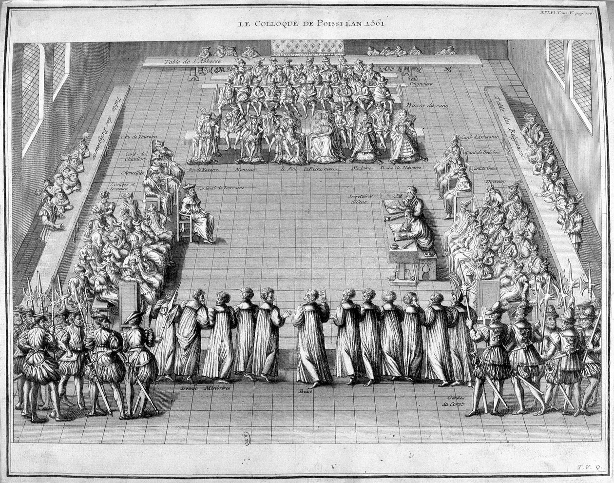 1561 में पोइसी कोलोक्विम (पोइसी)। केंद्र में फ्रांस के राजा चार्ल्स IX (1550-1574) और क्वीन मदर कैथरीन डे मेडिसिस (कैटरिना डे मेडिसी) (1519-1589)। द्वारा अज्ञात कलाकार
