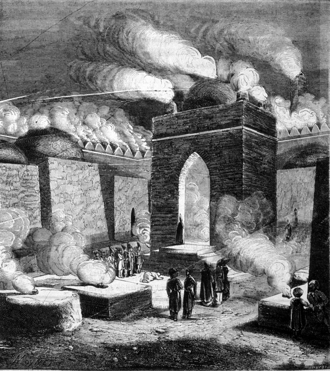 अतेश की आग का मंदिर - बाकू, अजरबैजान में गाह। 19वीं सदी की नक्काशी। द्वारा अज्ञात कलाकार