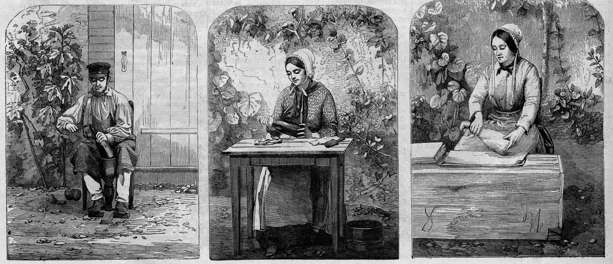 शैम्पेन वाइन की बॉटलिंग। 1864 से उत्कीर्णन। द्वारा अज्ञात कलाकार