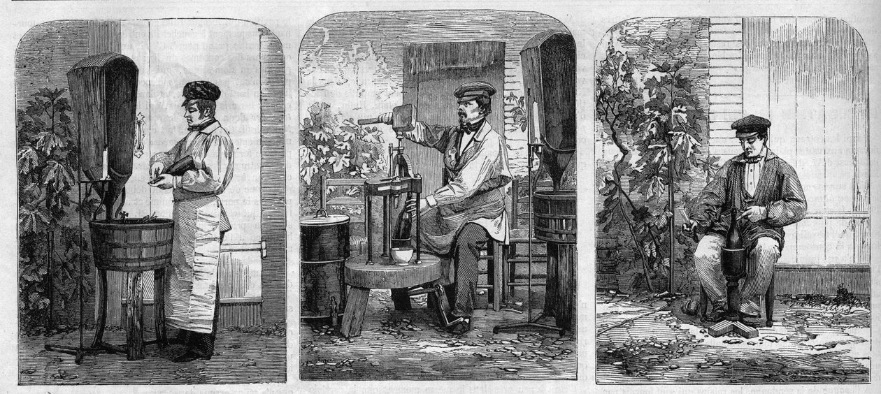 शैम्पेन वाइन की बॉटलिंग। 1864 से उत्कीर्णन। द्वारा अज्ञात कलाकार