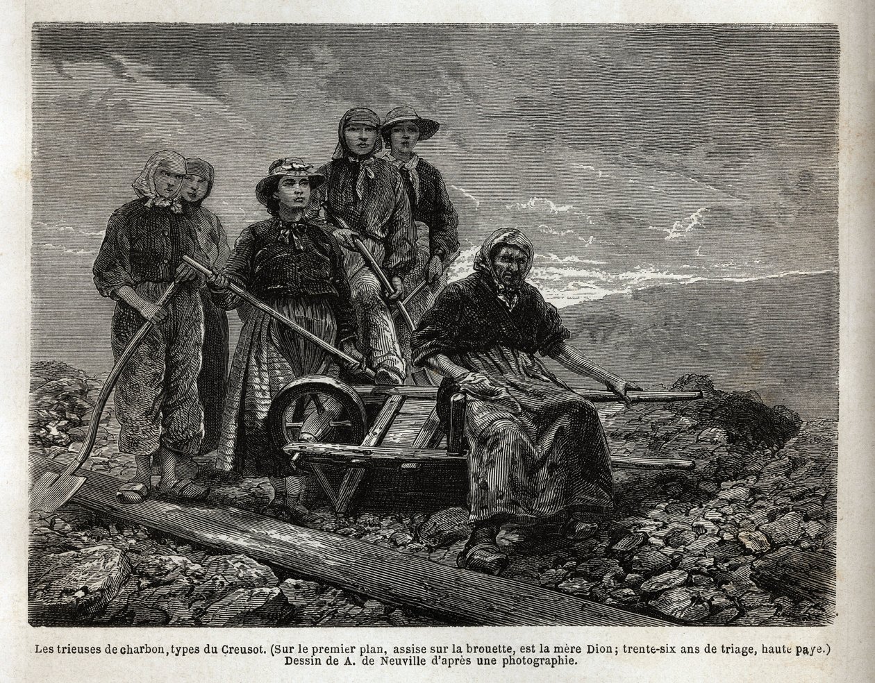 कोयला सॉर्टर, क्रुसॉट का प्रकार; अग्रभूमि में, ठेला पर बैठे, छँटाई के सबसे पुराने, माँ डायोन, छँटाई के 36 साल। 1865 में, एल सिमोनिन द्वारा, क्रेओसॉट और साओन और लॉयर की खानों के लिए एक यात्रा को चित्रित करने के लिए उत्कीर्णन, में द्वारा अज्ञात कलाकार