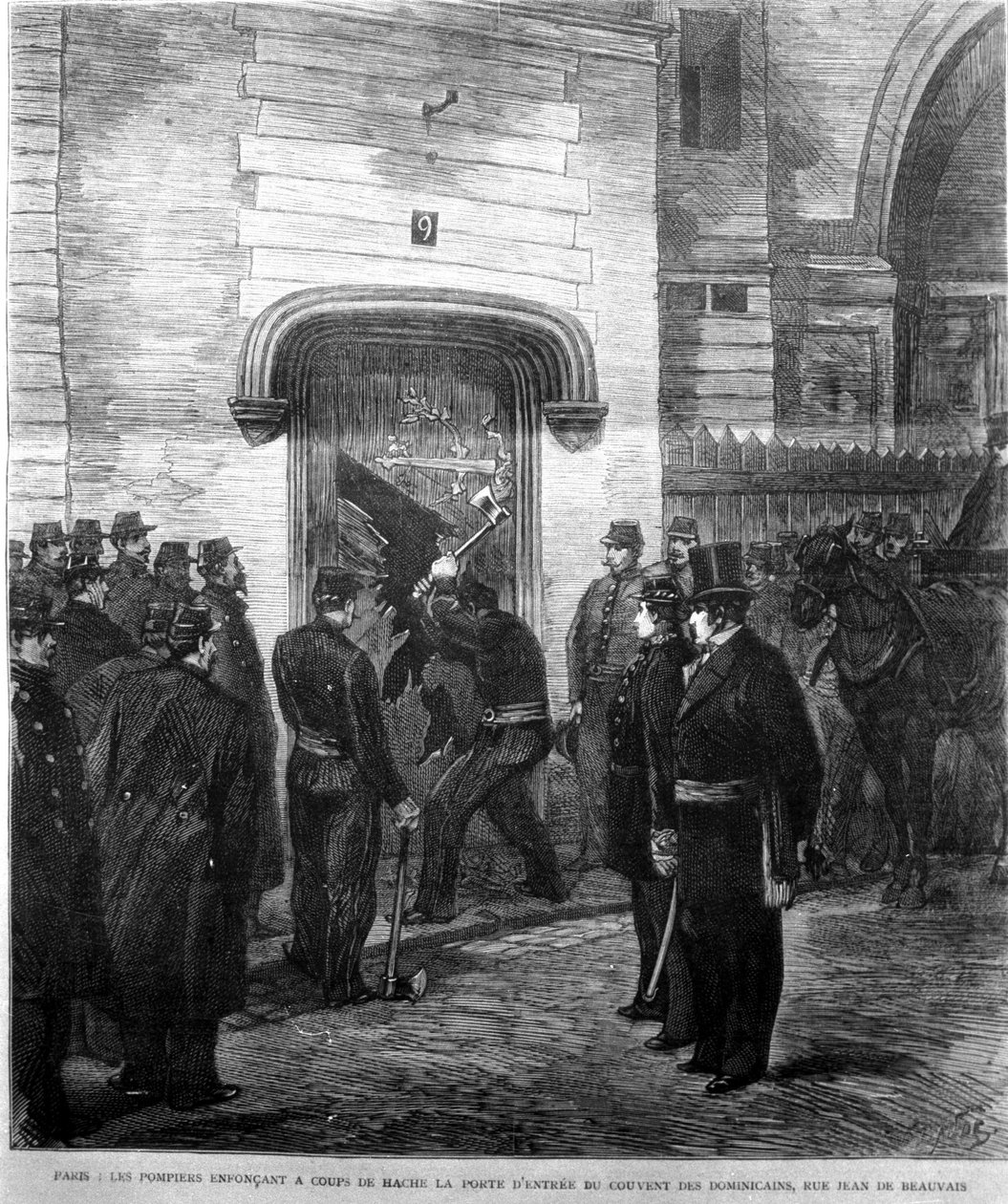 अग्निशामकों ने 1880 में पेरिस में रुए जीन डे ब्यूवाइस पर डोमिनिकन कॉन्वेंट के प्रवेश द्वार को खटखटाया। 19 वीं शताब्दी की नक्काशी। द्वारा अज्ञात कलाकार