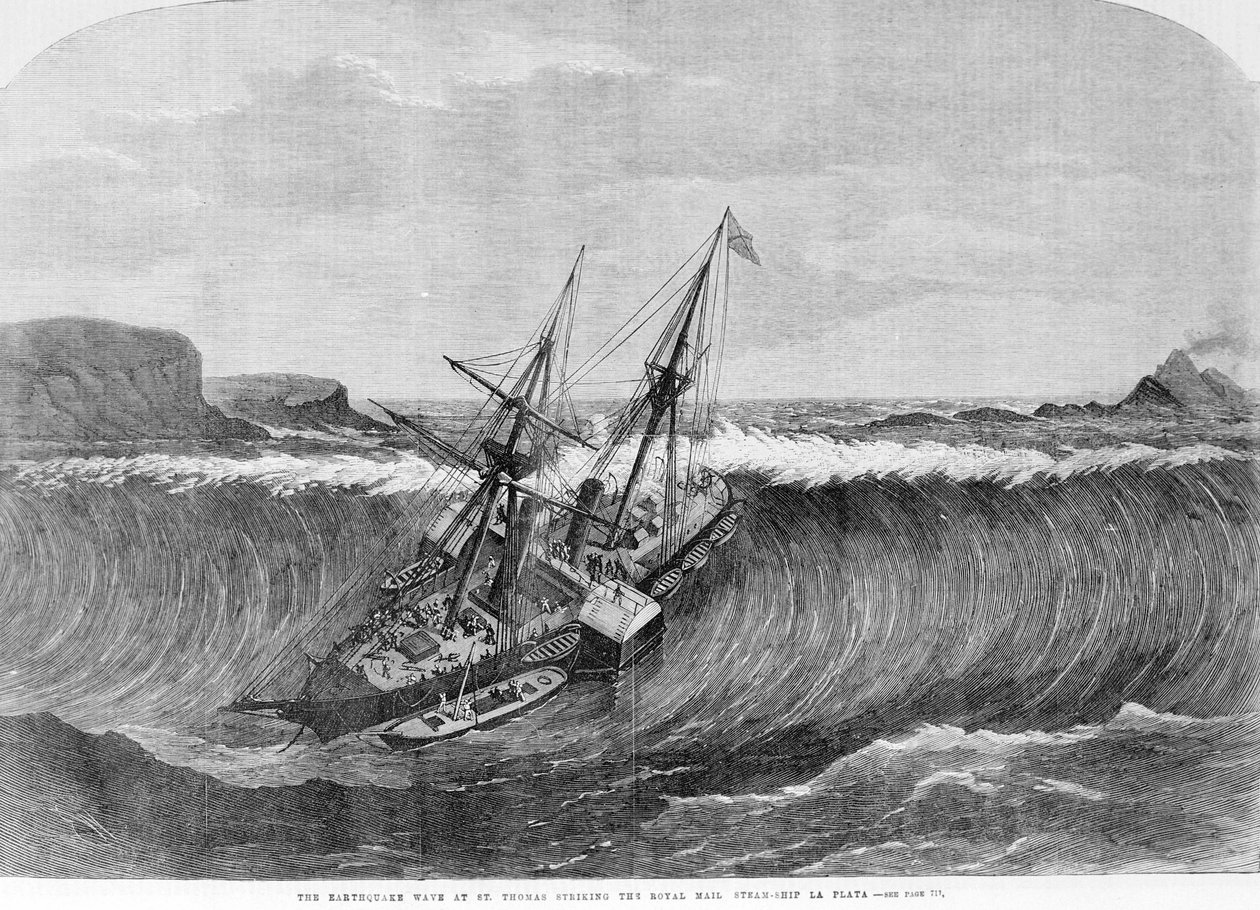 वर्जिन द्वीप समूह के सेंट थॉमस में दिसंबर 1867 की सुनामी की विशाल लहर पहिएदार नाव ला प्लाटा पर गिरती है। 19वीं सदी की नक्काशी। द्वारा अज्ञात कलाकार