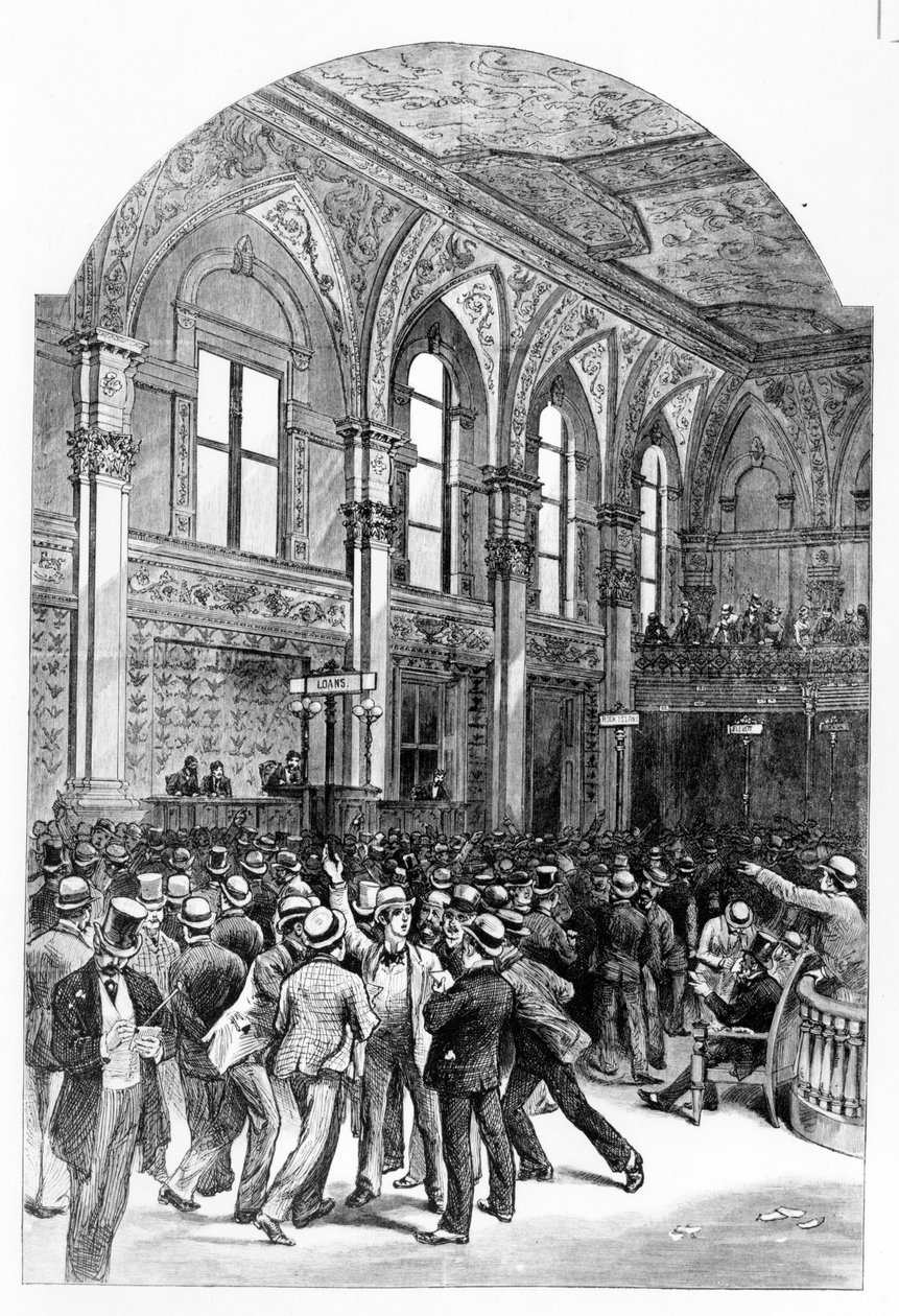 1881 में न्यूयॉर्क स्टॉक एक्सचेंज का इंटीरियर। द्वारा अज्ञात कलाकार