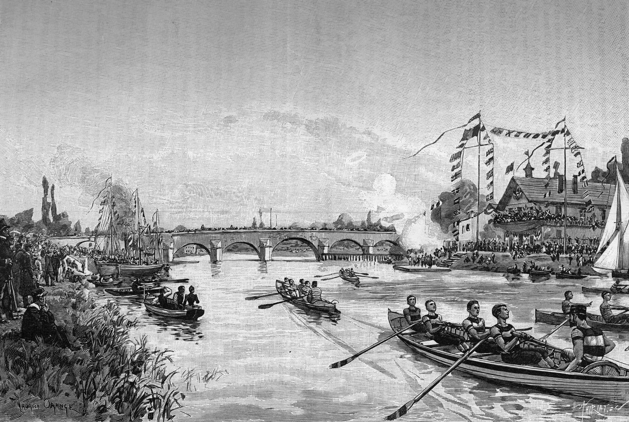 Joinville le Pont (Joinville-le-Pont), Ile de France के स्कूल रेगाटा। "" युवा पत्रिका "" में उत्कीर्णन द्वारा अज्ञात कलाकार