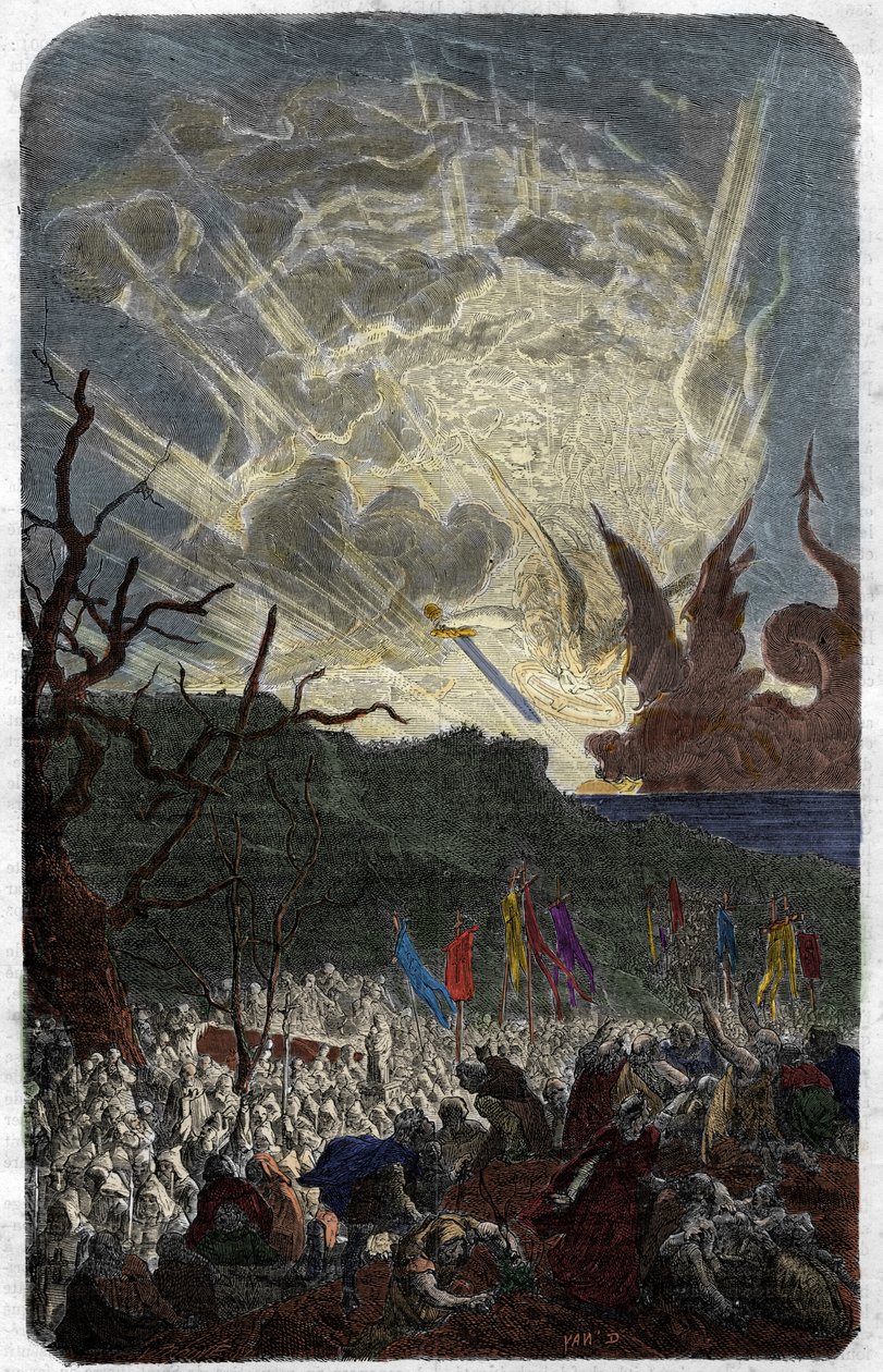 साल के अंधविश्वास (भय) हजार (1000): दुनिया का अंत। मौरिस लाचत्रे द्वारा "हिस्टोइरे डेस पेप्स-रोइस-क्वीन एंड एम्पीयरर्स ए ट्रैवर्स लेस सेंचुरी" में उत्कीर्णन द्वारा अज्ञात कलाकार