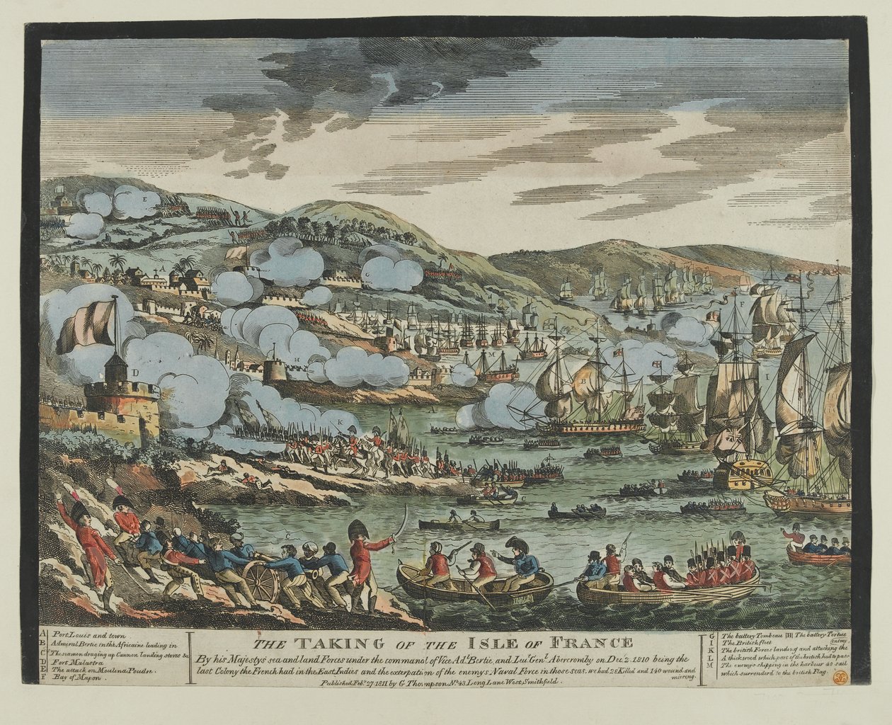 आइल ऑफ फ्रांस (मॉरीशस) का अधिग्रहण, 2 दिसंबर 1810 (लकड़ी का कट, रंगीन) द्वारा अज्ञात कलाकार