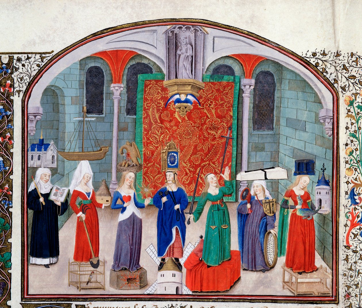 धार्मिक और कार्डिनल गुणों का सिद्धांत। यूनानी दार्शनिक अरस्तू (383-322 ईसा पूर्व) की पांडुलिपि से लघुचित्र (सुश्री 927 फोल.17वी) "" राजनीतिक और आर्थिक नैतिकता पर टिप्पणी"" निकोलस ओरेस्मे द्वारा अनुवादित (1325-1382) द्वारा अज्ञात कलाकार