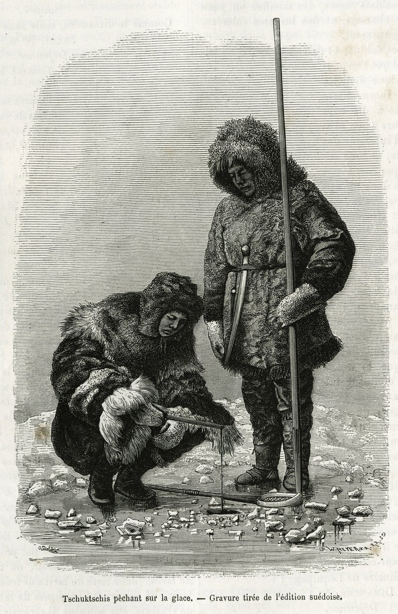 Tschuktschis Koljutschin Bay (ध्रुवीय वृत्त) में बर्फ पर मछली पकड़ना। 1878-1880 में निल्स एडॉल्फ एरिक (एरिक) बैरन नोर्डेंस्कजॉल्ड (नोर्डेंस्कील्ड) (1832-1901) द्वारा "" वॉयज डे ला वेगा अराउंड एशिया एंड यूरोप "" कहानी को चित्रित करने के  द्वारा अज्ञात कलाकार
