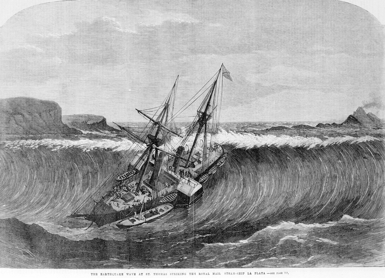 सुनामी 1867। सेंट थॉमस में आए भूकंप ने 1867 में बड़ी लहरें पैदा कीं जो लाइनर "ला प्लाटा" से टकराईं। द्वारा अज्ञात कलाकार