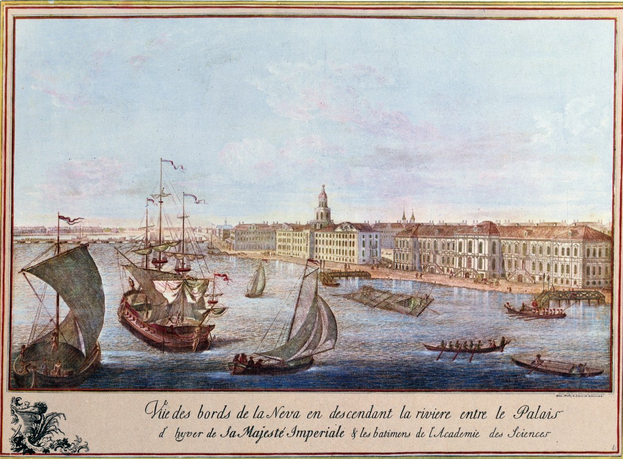 विंटर पैलेस में नेवा का दृश्य और सेंट पीटर्सबर्ग में विज्ञान अकादमी। 1753 के आसपास प्रिंट करें। पेरिस, बीएन द्वारा अज्ञात कलाकार