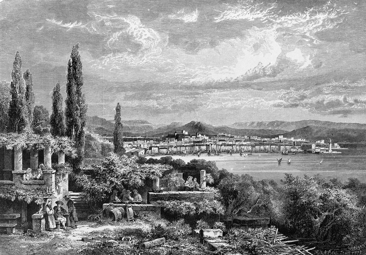 ट्रिएस्टे शहर का दृश्य (ऑस्ट्रियाई काल में), 1885 से उत्कीर्ण द्वारा अज्ञात कलाकार