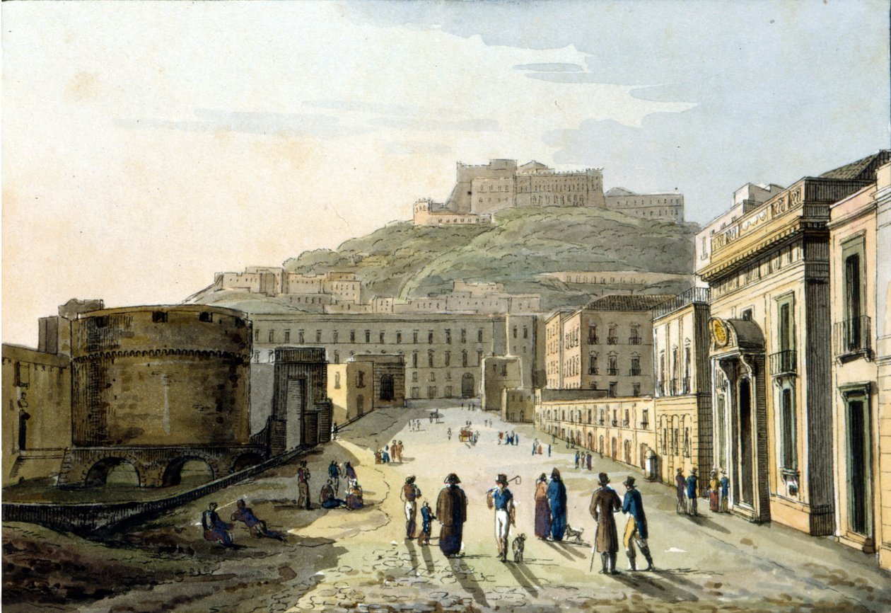 स्ट्राडा डेल मोलो और नेपल्स शहर के नज़ारों वाले Castel Sant'Elmo का दृश्य। आबरंग द्वारा अज्ञात कलाकार