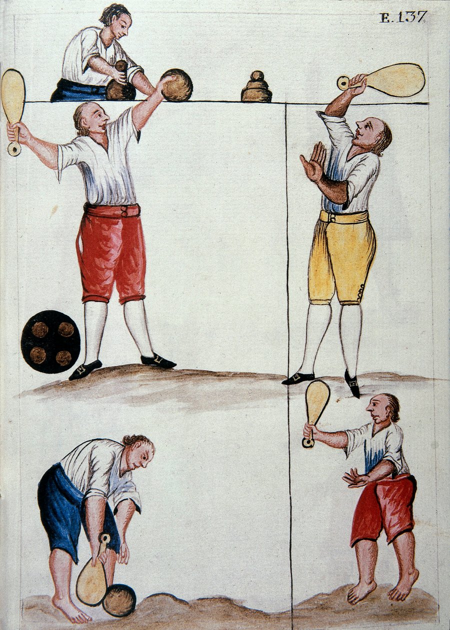 ट्रुजिलो के बिशप (1782-1785) बाल्टाज़ार मार्टिनेज कॉम्पैनोन वाई बुजांडा द्वारा "ट्रूजिलो डेल पेरू" या "कोडिस मार्टिनेज कॉम्पैनोन" पुस्तक से बॉल गेम खेलते हुए युवा मेटिस द्वारा अज्ञात कलाकार