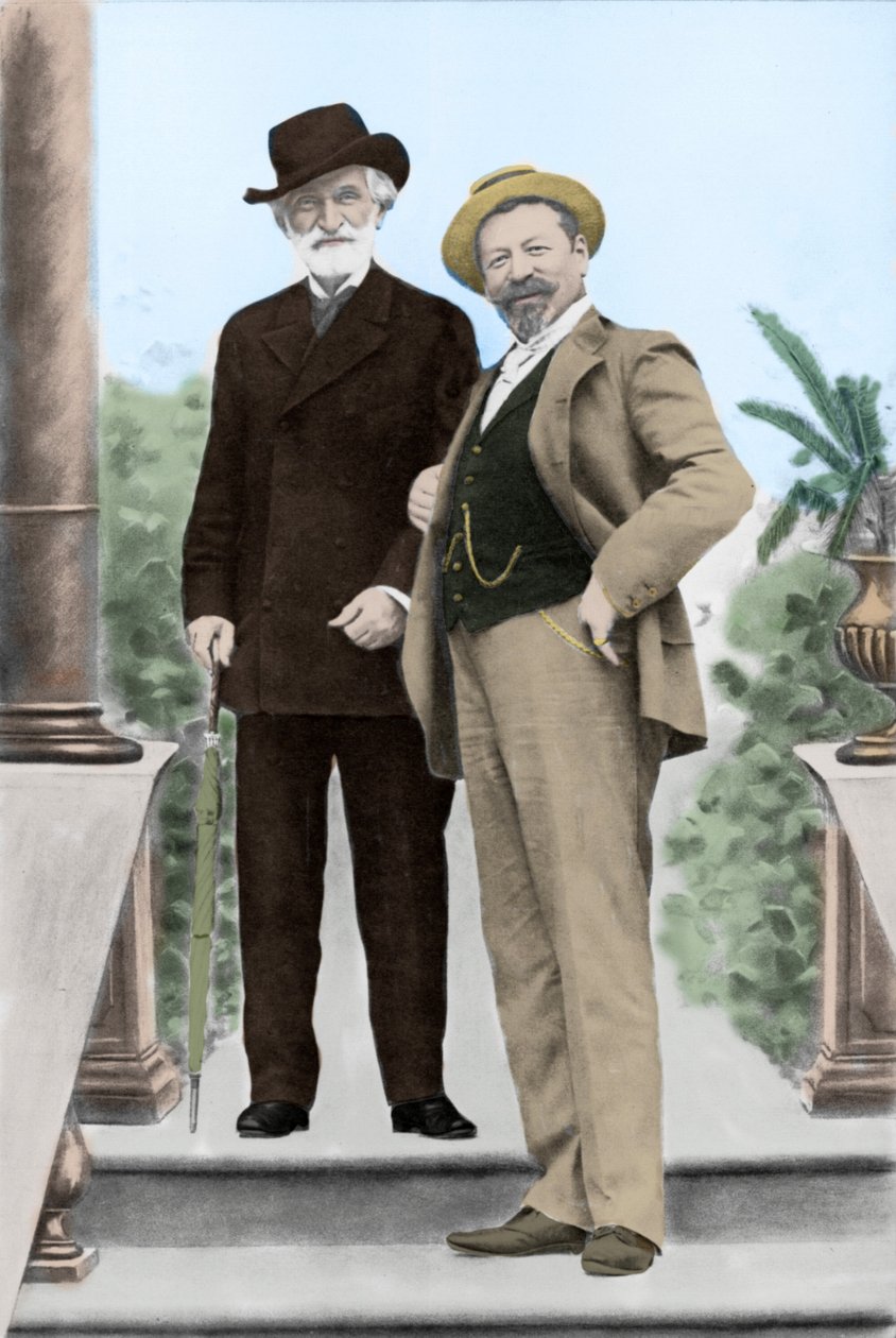 ग्यूसेप वर्डी, इतालवी संगीतकार (1813-1901), और 19वीं शताब्दी के अंत में मोंटेकाटिनी में टेनर फ्रांसेस्को टैमाग्नो (1850-1905)। द्वारा अज्ञात फोटोग्राफर