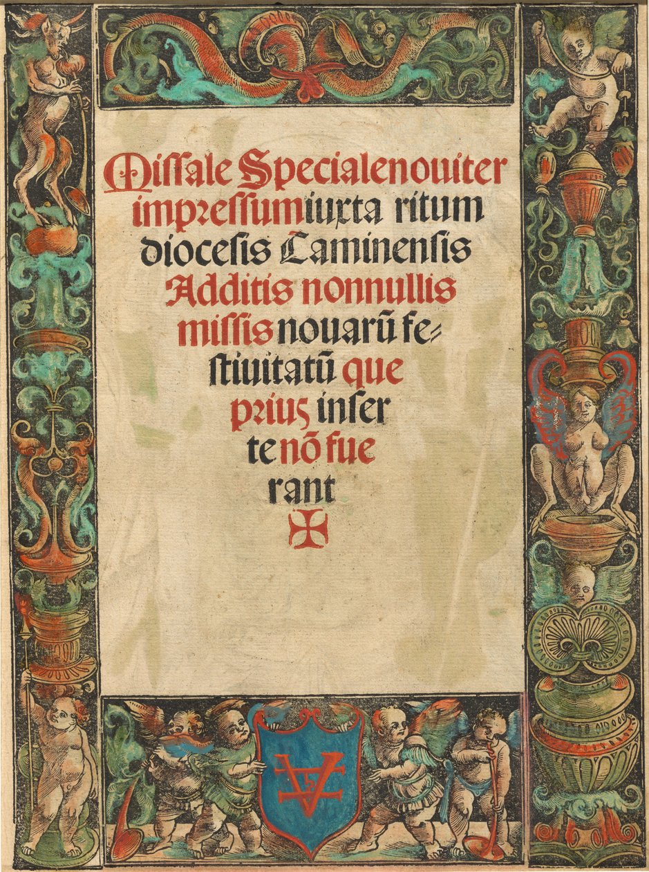 मिसल के लिए टाइटल पेज, सैटायर और पुट्टी बॉर्डर [वर्सो] के साथ, c. 1511. द्वारा उर्स ग्राफ