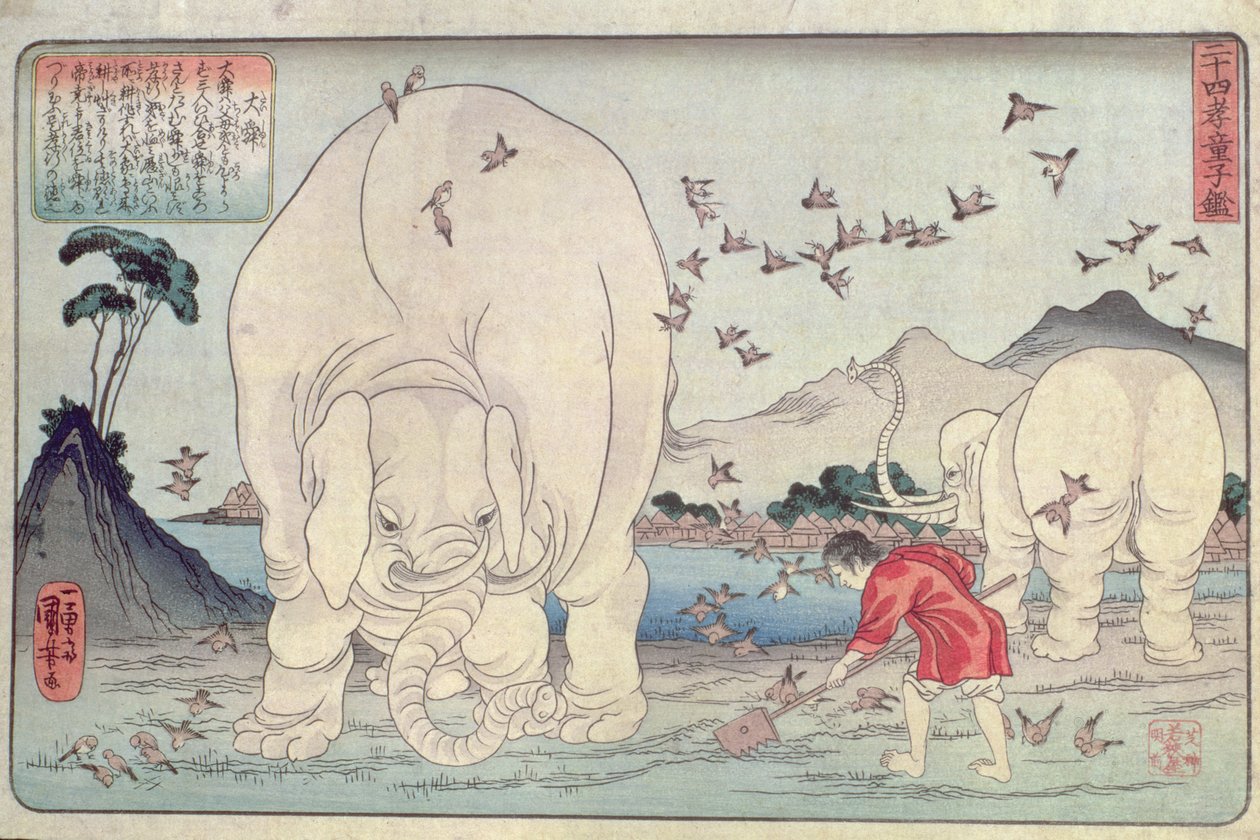 चौबीस परगना: ताई शुन और हाथी, पब। c.1830, (कलर वुडब्लॉक प्रिंट) द्वारा उत्तगवा कुनिओशी