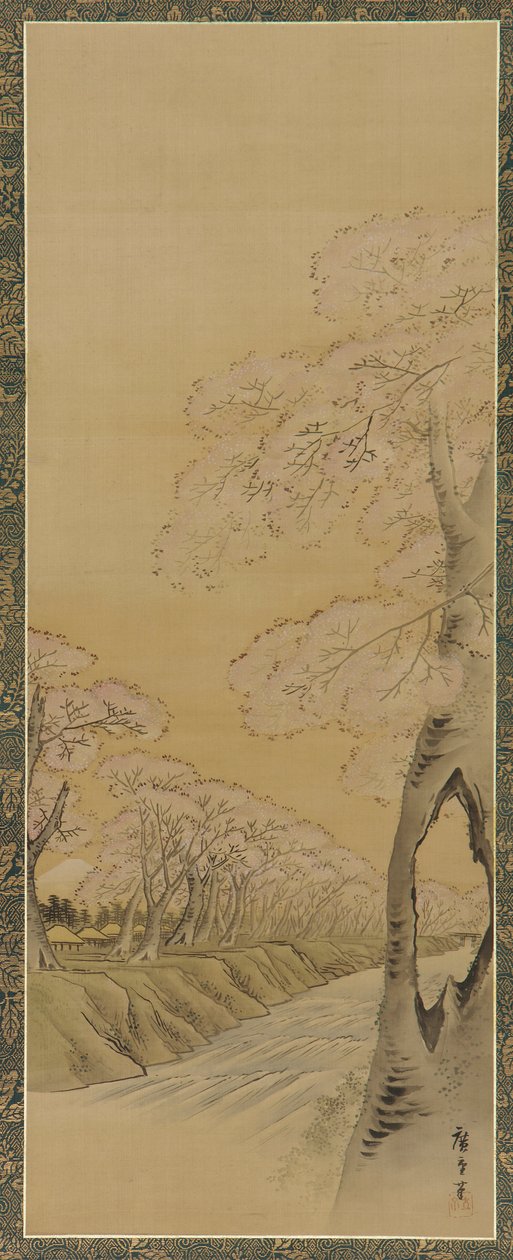 भूदृश्य: एक जलधारा के किनारे फूलों वाले चेरी के पेड़, ईदो काल, 1615-1868। द्वारा उटागावा हिरोशिगे II