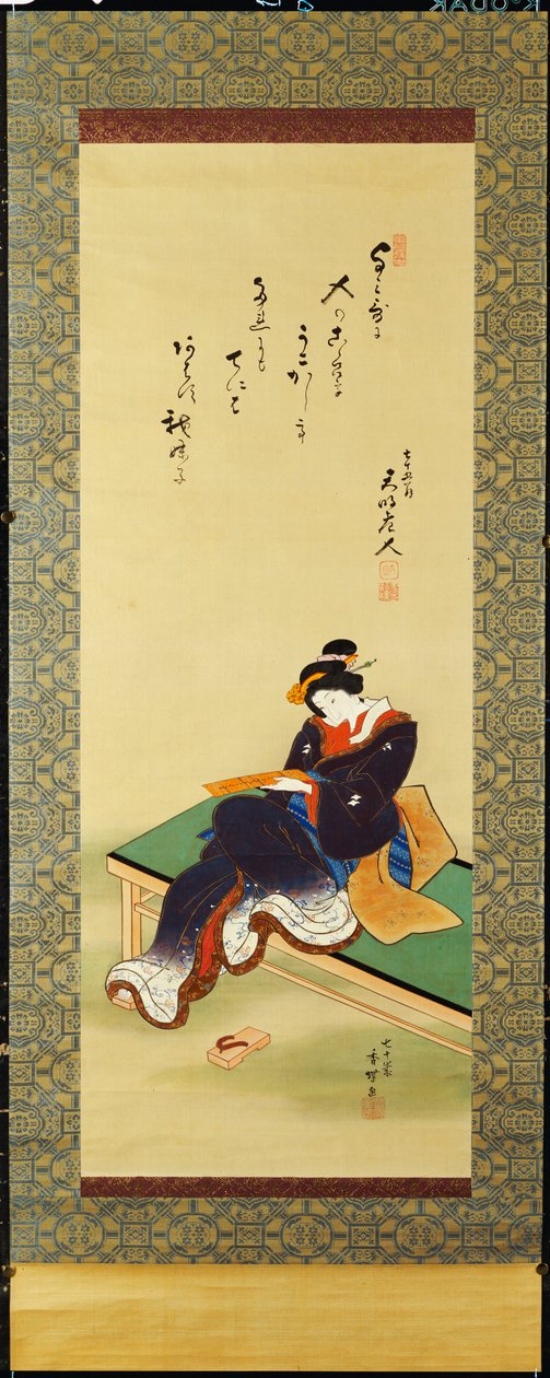 एक महिला बेंच पर एक कविता कार्ड रखती है, c.1855 द्वारा उतागावा कुनीसदा