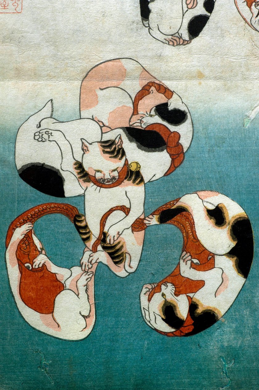ऑक्टोपस सीरीज बिल्लियाँ लिखित वर्ण बनाती हैं (नेको नो एटजी), c.1842 द्वारा उत्तगवा कुनिओशी
