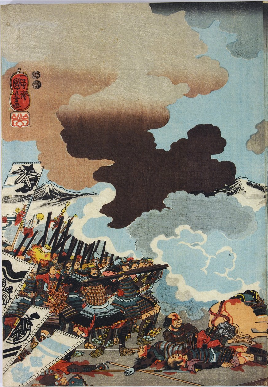 एक रंग की वुडब्लॉक प्रिंट शीट से चादर, शीर्षक Eiroku yonnen kugatsu yokka Kawanakajima kassen ni Yamamoto Kansuke ny D Uchijini no zu द्वारा उत्तगवा कुनिओशी