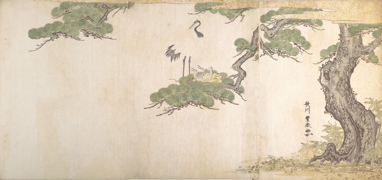 चीड़ के पेड़ की शाखाओं में अपने घोंसले में क्रेन और उनके युवा, सीए। 1790. द्वारा उटगावा तोयोहरु