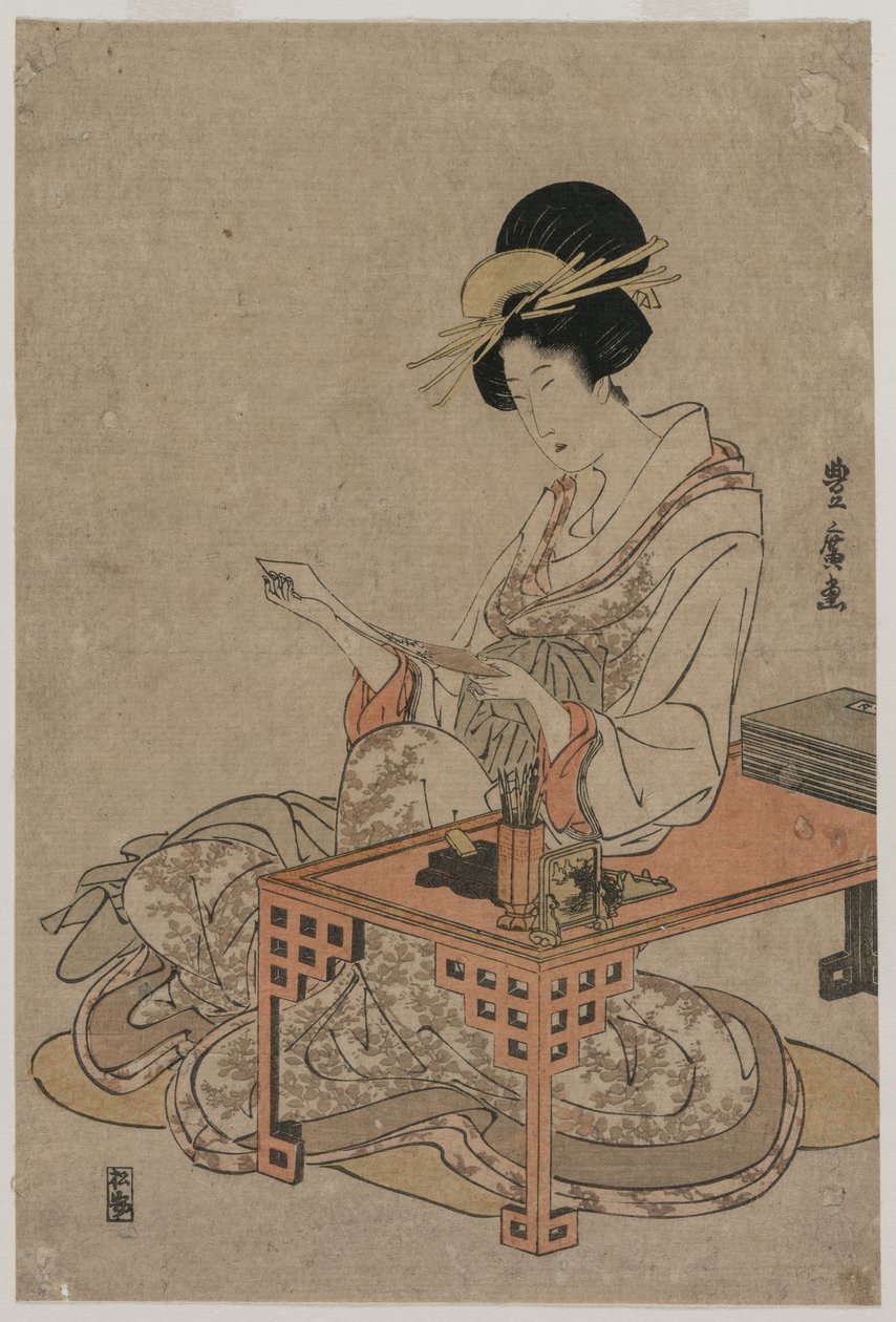 लिखने की मेज पर बैठी तवायफ, c. 1790 के अंत में। द्वारा उतागावा तोयोहीरो