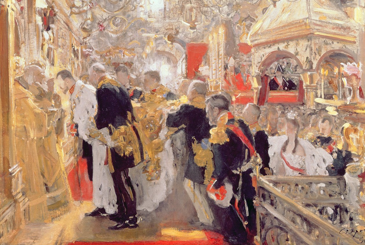 द क्राउनिंग ऑफ द सम्राट निकोलस II (1868-1918) 1896 में एसेसमेंट कैथेड्रल में द्वारा वैलेन्टिन अलेक्जेंड्रोविच सेरोव